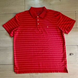 Izod Men’s Coral with White Striped Polo, Side Slits Size XL